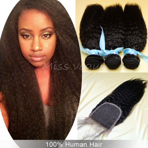 Brazilian virgin hair with lace closure,Brazilian kinky straight  with bundles,3 bundles with 4x4 lace closure 